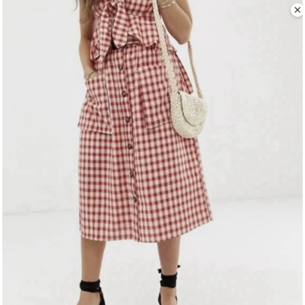 Cottagecore Women's Red Plaid Button Front Belted Midi Skirt - S - NWT
